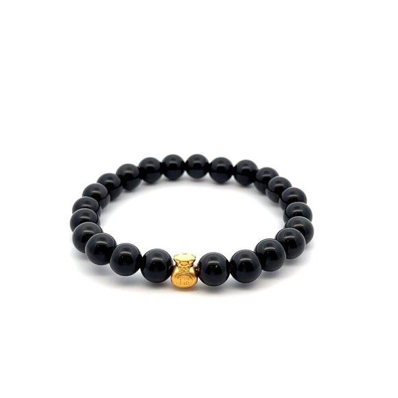 RAFANTHIA Jewelry - 24K Gold Money Bag Lucky Charm Bracelet Gemstones Natural Obsidian 8mm Size 7"